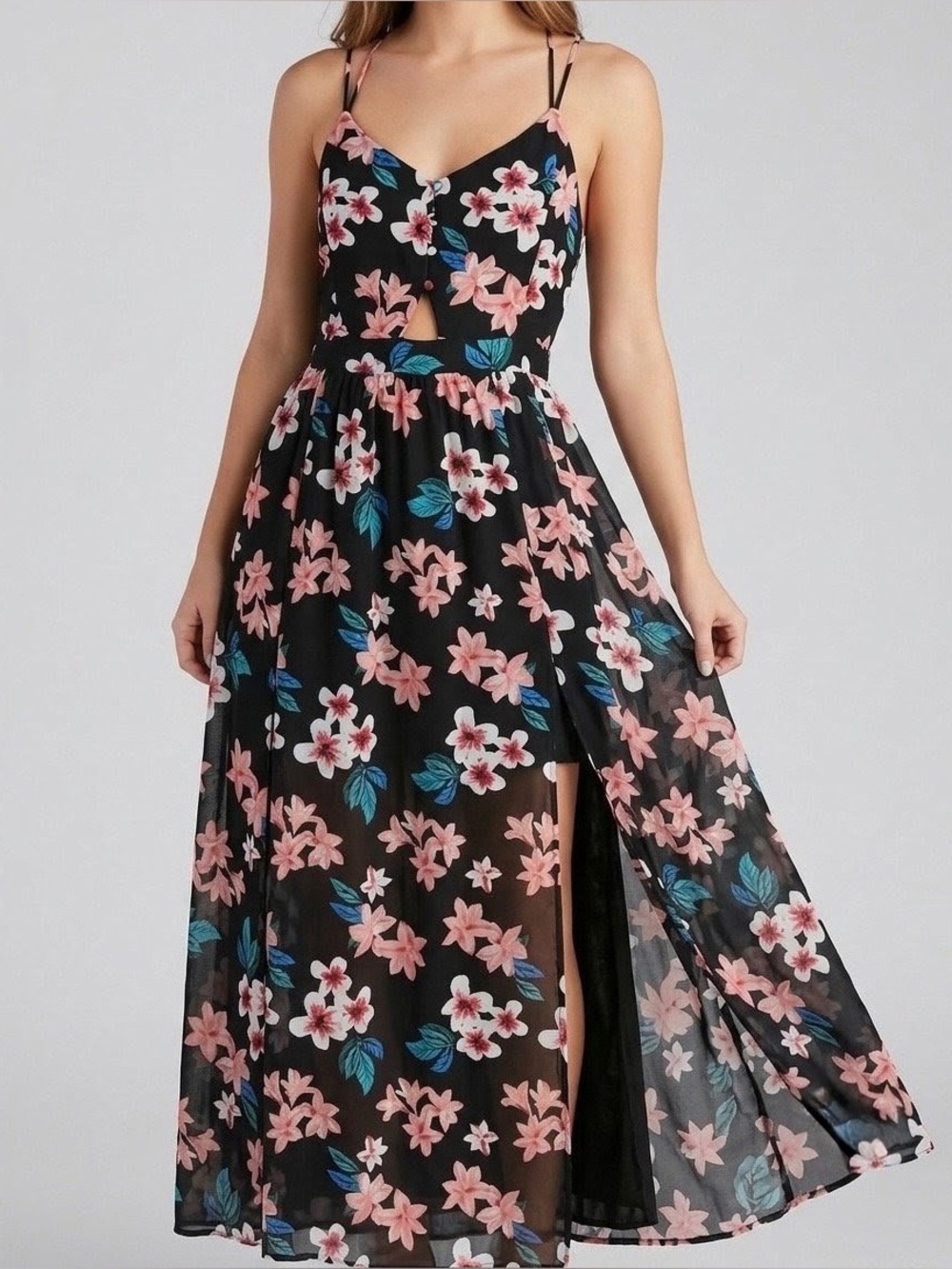 Black Tropical Floral Maxi Dress Cutout Sheer High Slit Size XL